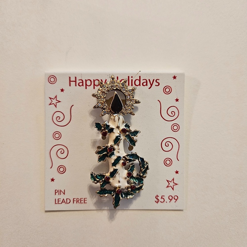 Vintage Kmart Happy Holidays Candle & Holly Pin Lead Free Enamel Brooch NWT 1990